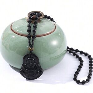 JADE obsidian Black  Hand Carved Maitreya Buddah Pendant Necklace